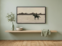 Lone Rider and Mountain Ridge Wide Wall Art — Original Palette-Knife Oil, Dark Olive & Oxblood — original hand-painted oil shown on the wall in a styled room