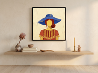 Woman in a Cobalt Hat Wall Art — Original Palette-Knife Oil, Cobalt & Yellow — original hand-painted oil shown on the wall in a styled room