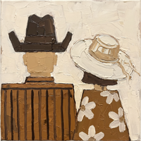 Original oil painting of a cowboy and cowgirl seen from behind, the cowboy in a chocolate hat and brown stripes, the cowgirl in a pale floppy hat and a cream floral shirt, on a cream ground