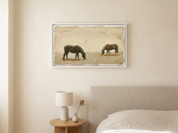 Two Grazing Horses Wide Wall Art — Original Palette-Knife Oil, Olive & Cream — original hand-painted oil shown on the wall in a styled room