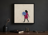 Girl with a Bouquet Wall Art — Original Palette-Knife Oil, Magenta & Cobalt — original hand-painted oil shown on the wall in a styled room