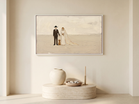 Wedding Couple and Dog Wide Wall Art — Original Palette-Knife Oil, Chocolate & Cream — original hand-painted oil shown on the wall in a styled room