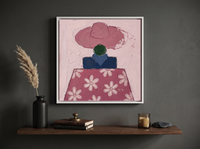 Lady in a Daisy Shirt Wall Art — Original Palette-Knife Oil, Mauve & Navy — original hand-painted oil shown on the wall in a styled room