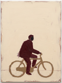 Oil painting of a man in a deep wine coat riding a bicycle to the left, the wheels two dark circles, on a soft oat-cream ground.