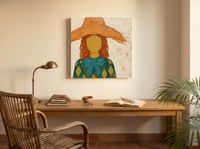 Lady in a Pumpkin Hat Wall Art — Original Palette-Knife Oil, Pumpkin & Teal — original hand-painted oil shown on the wall in a styled room