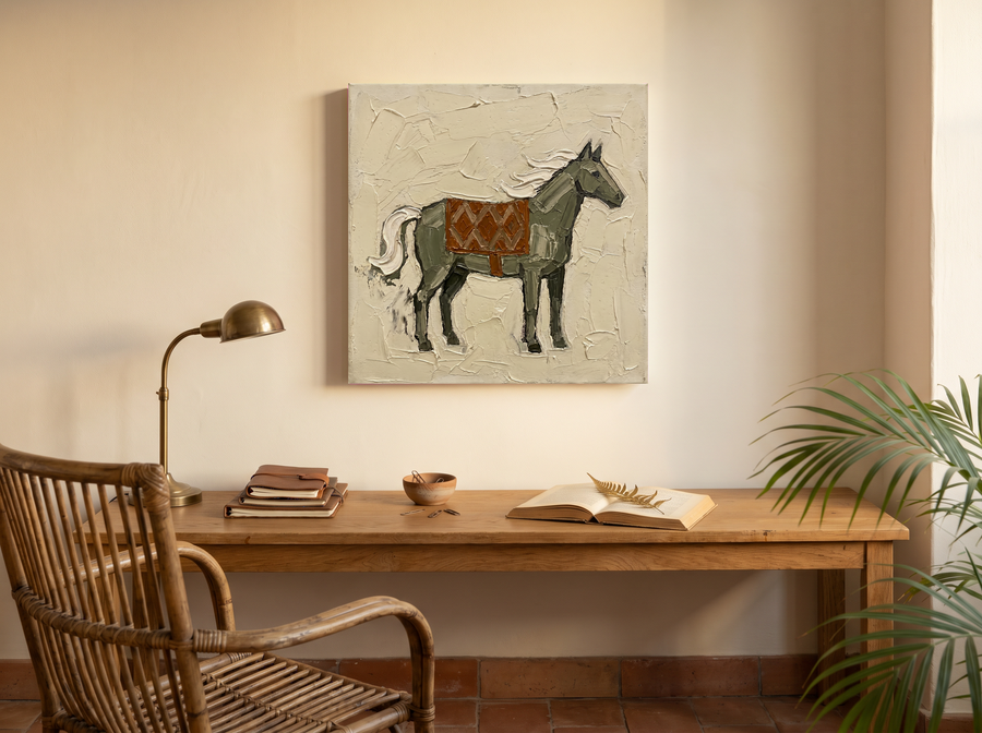 Standing Horse Wall Art — Original Palette-Knife Oil, Olive & Rust