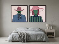 Cowboy & Wide-Brim Lady — Set of 2 Original Oils, Blush & Emerald — original hand-painted oil shown on the wall in a styled room