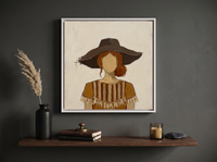 Woman in a Floppy Hat Wall Art — Original Palette-Knife Oil, Chocolate & Ochre — original hand-painted oil shown on the wall in a styled room