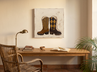 Cowboy Boots Wall Art — Original Palette-Knife Oil, Brown & Tan — original hand-painted oil shown on the wall in a styled room