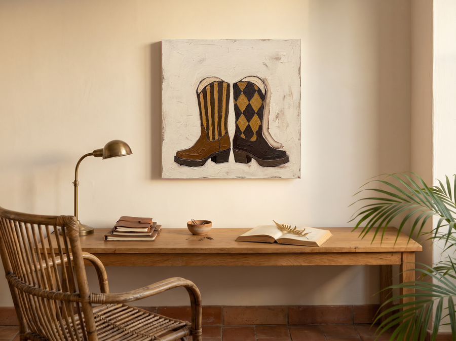 Cowboy Boots Wall Art — Original Palette-Knife Oil, Brown & Tan