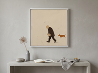 Man Walking His Dachshund Wall Art — Original Oil, Brown & Cream — original hand-painted oil shown on the wall in a styled room