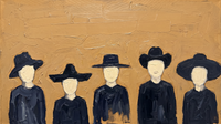 Original wide oil painting of five front-facing figures in dark navy coats and assorted hats with blank cream faces, lined up across a warm mustard-ochre ground