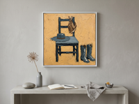 Cowboy Chair Still Life Wall Art — Original Palette-Knife Oil, Ochre & Slate — original hand-painted oil shown on the wall in a styled room