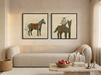 Standing Horse & Mounted Cowboy — Set of 2 Original Oils, Olive & Rust — original hand-painted oil shown on the wall in a styled room