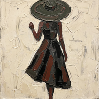 Original oil painting of a woman seen from behind walking away in a dark olive swirled hat with oxblood arms and a flared dress striped in near-black, oxblood, and olive, on a cream ground
