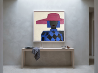 Lady in a Magenta Hat Wall Art — Original Palette-Knife Oil, Magenta & Cobalt — original hand-painted oil shown on the wall in a styled room