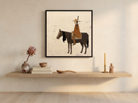 Braided Rider on Horseback Wall Art — Original Palette-Knife Oil, Brown & Caramel — original hand-painted oil shown on the wall in a styled room