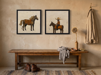 Standing Horse & Small Rider — Set of 2 Original Oils, Chocolate & Rust — original hand-painted oil shown on the wall in a styled room