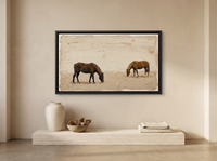 Two Grazing Horses Wide Wall Art — Original Palette-Knife Oil, Chocolate & Cream — original hand-painted oil shown on the wall in a styled room
