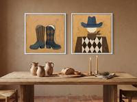 Cowboy Boots & Cowboy — Set of 2 Original Oils, Slate Blue on Ochre — original hand-painted oil shown on the wall in a styled room