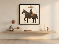 Cowboy on Horseback Wall Art — Original Palette-Knife Oil, Brown & Ochre — original hand-painted oil shown on the wall in a styled room