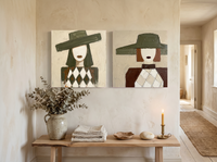 Red-Lipped Woman in a Wide Hat — Set of 2 Original Oils, Olive & Sienna — original hand-painted oil shown on the wall in a styled room