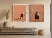 Man with Dog & Woman with Bouquet — Set of 2 Original Oils, Espresso & Terracotta — original hand-painted oil shown on the wall in a styled room