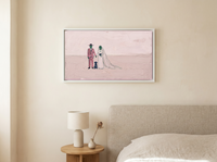 Wedding Couple and Dog Wide Wall Art — Original Palette-Knife Oil, Pink & Emerald — original hand-painted oil shown on the wall in a styled room