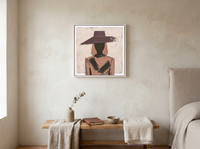 Woman in a Wide Hat Wall Art — Original Palette-Knife Oil, Mauve & Charcoal — original hand-painted oil shown on the wall in a styled room