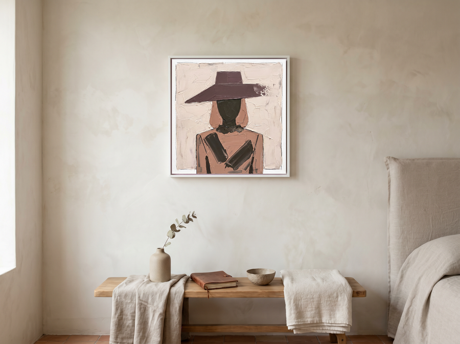 Woman in a Wide Hat Wall Art — Original Palette-Knife Oil, Mauve & Charcoal