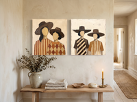 Women in Hats, Two Pairs — Set of 2 Original Oils, Chocolate & Rust — original hand-painted oil shown on the wall in a styled room
