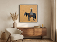 Braided Rider on Horseback Wall Art — Original Palette-Knife Oil, Slate Blue & Ochre — original hand-painted oil shown on the wall in a styled room