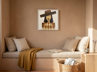 Woman in a Wide Hat Wall Art — Original Palette-Knife Oil, Chocolate & Tan — original hand-painted oil shown on the wall in a styled room