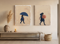 Woman with Umbrella & Woman with Bouquet — Set of 2 Original Oils, Indigo & Coral — original hand-painted oil shown on the wall in a styled room