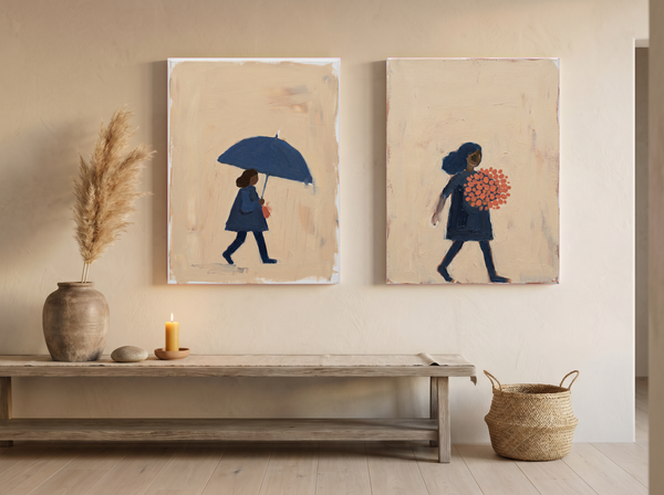 Woman with Umbrella & Woman with Bouquet — Set of 2 Original Oils, Indigo & Coral