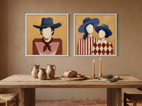 Cowboy & Two Cowgirls — Set of 2 Original Oils, Vermilion & Navy — original hand-painted oil shown on the wall in a styled room