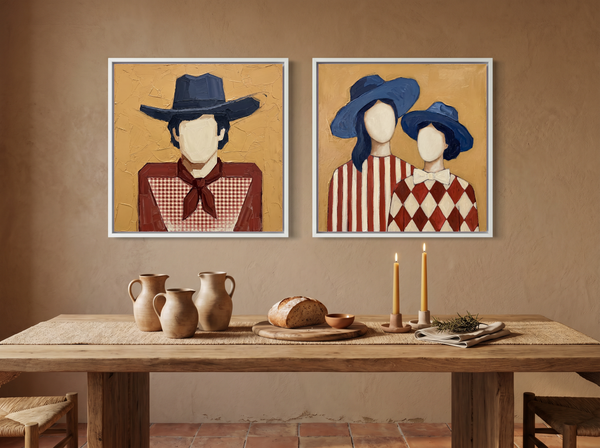 Cowboy & Two Cowgirls — Set of 2 Original Oils, Vermilion & Navy