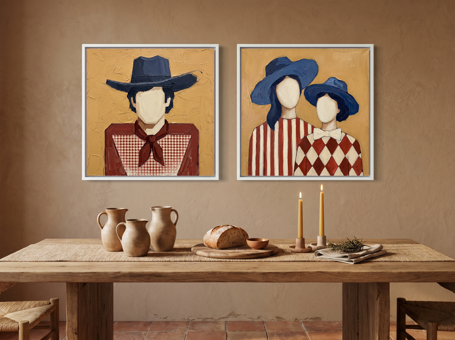 Cowboy & Two Cowgirls — Set of 2 Original Oils, Vermilion & Navy