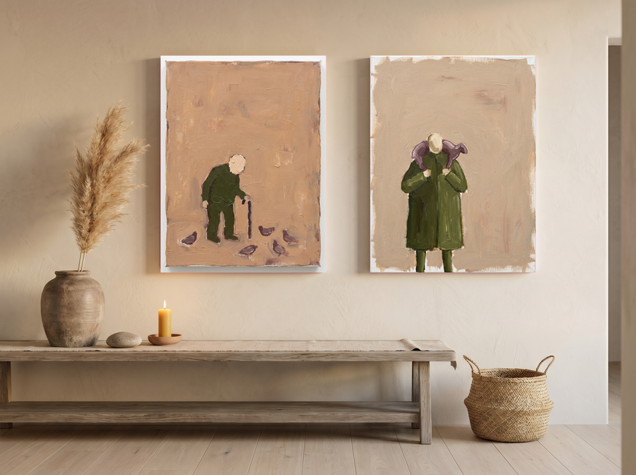Pigeon-Feeder & Shepherd — Set of 2 Original Oils, Moss & Clay
