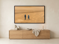Two Figures on a Beach Wide Wall Art — Original Oil, Golden Ochre & Navy — original hand-painted oil shown on the wall in a styled room