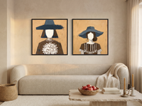 Women in Hats — Set of 2 Original Oils, Slate Blue on Ochre — original hand-painted oil shown on the wall in a styled room