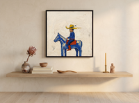Cowboy on Horseback Wall Art — Original Pop-Colour Oil, Cobalt & Yellow — original hand-painted oil shown on the wall in a styled room