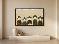 Row of Five Hatted Figures Wide Wall Art — Original Palette-Knife Oil, Olive & Brown — original hand-painted oil shown on the wall in a styled room