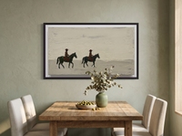 Two Riders at Dusk Wide Canvas — Original Palette-Knife Oil, Oxblood & Grey — original hand-painted oil shown on the wall in a styled room