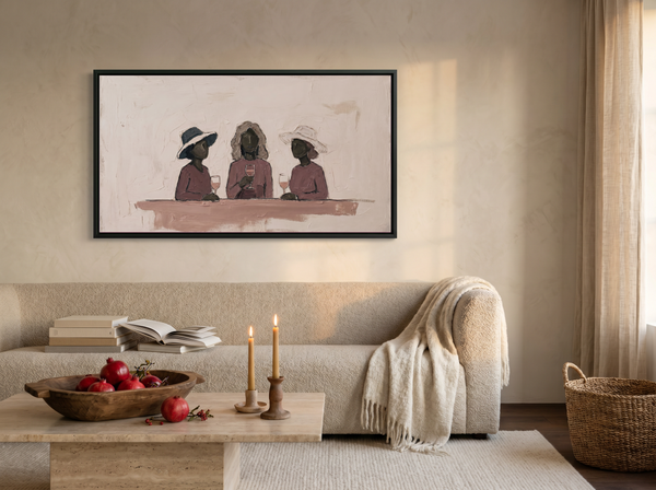 Three Women with Wine Wide Wall Art — Original Palette-Knife Oil, Mauve & Plum