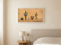 Desert Cacti Row Wide Wall Art — Original Palette-Knife Oil, Golden Ochre & Navy — original hand-painted oil shown on the wall in a styled room