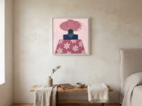 Lady in a Daisy Shirt Wall Art — Original Palette-Knife Oil, Mauve & Navy — original hand-painted oil shown on the wall in a styled room
