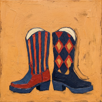 Original oil painting of a pair of navy cowboy boots, one with red vertical stripes and one with a gold and red diamond harlequin, on a golden ochre ground