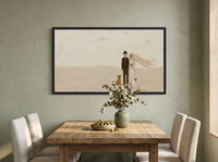 Wedding Couple & Dog Wide Wall Art — Original Palette-Knife Oil, Chocolate & Cream — original hand-painted oil shown on the wall in a styled room