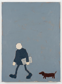 Oil painting of a man in a charcoal coat riding a bicycle to the left, the wheels two dark circles, on a slate blue-grey ground.